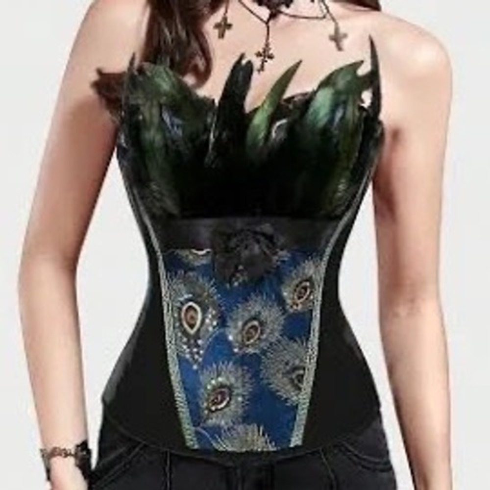 Peacock Feather Corset Top Halloween Costume Boho Eclectic Renaissance Whimsy XL